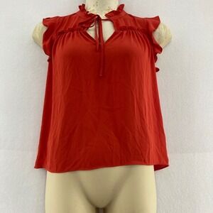 J.Crew XS‎ Ruffle Tie Neck Top Sleeveless Blouse Red Tomato Girl June Picnic